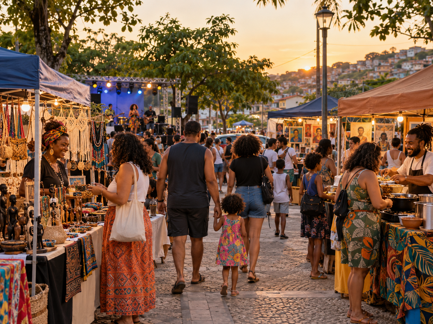 Feira cultural de bairro ao entardecer, com artesanato, música e famílias