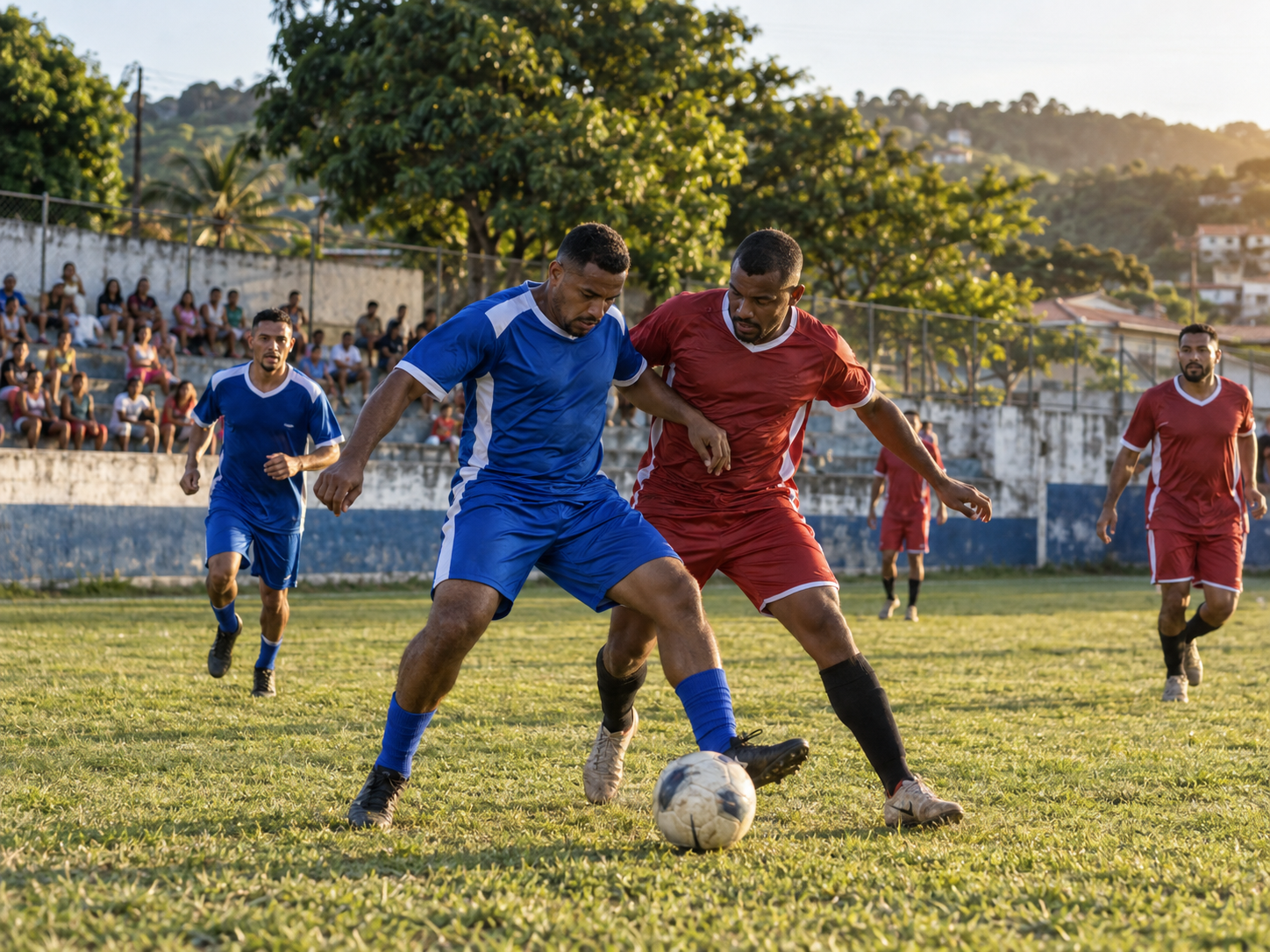 Jogadores disputando a bola em um campeonato de futebol amador de bairro