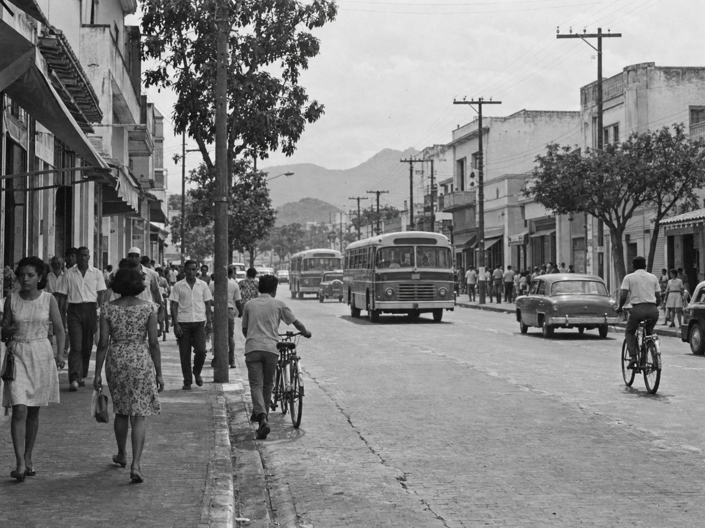 Reconstituição visual em preto e branco de uma avenida de Bangu nos anos 1960