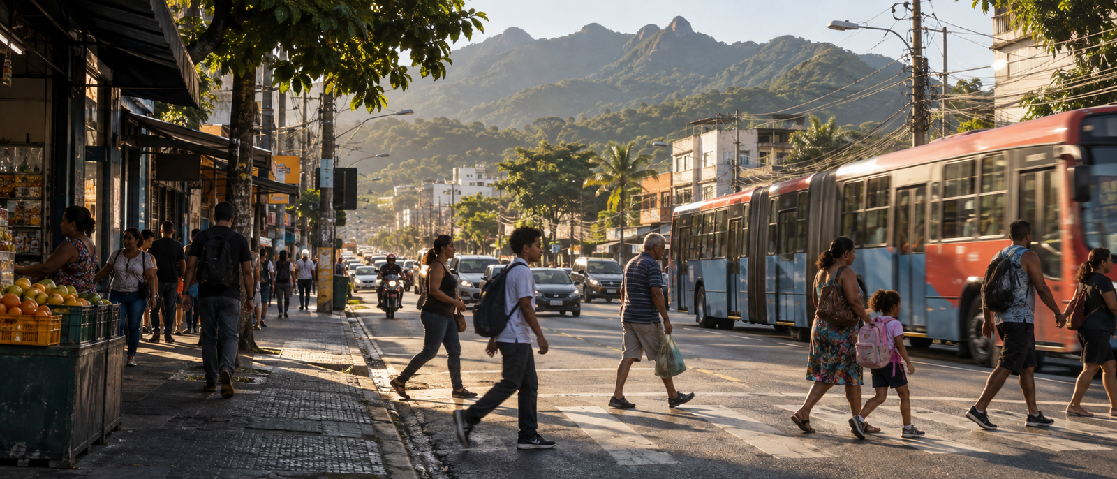 Movimento de moradores e ônibus em uma avenida da Zona Oeste, com montanhas verdes ao fundo